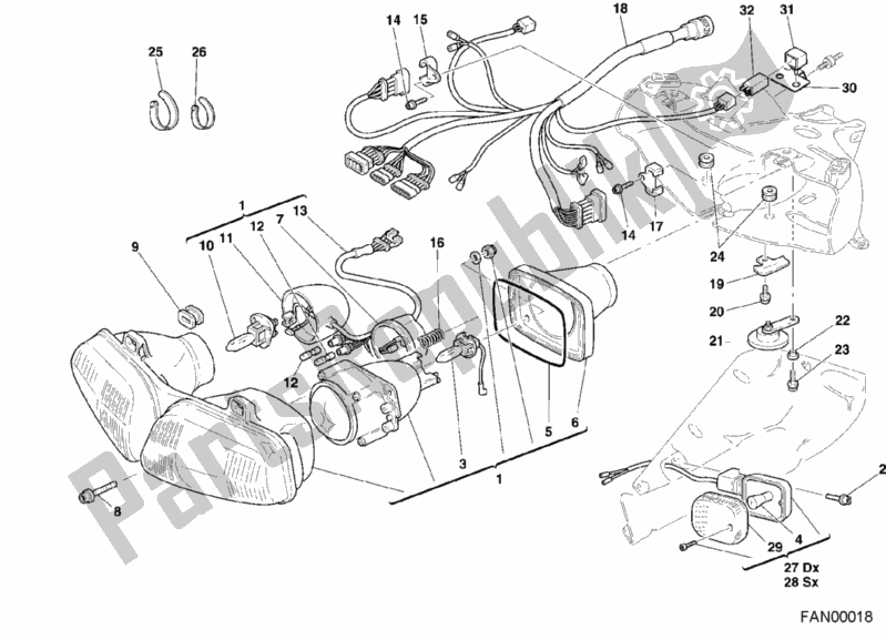 All parts for the Headlight of the Ducati Superbike 748 R Single-seat 2001